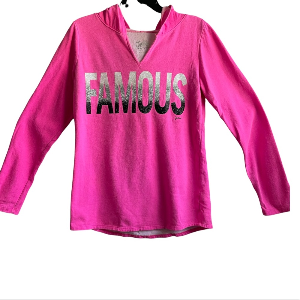💕Justice sweatshirt Girls Size 18 Neon Pink Sparkle Famous Hooded Long sleeve
